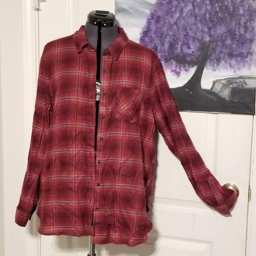 PINQUE Red Femi One Pocket Plaid Button-down Top